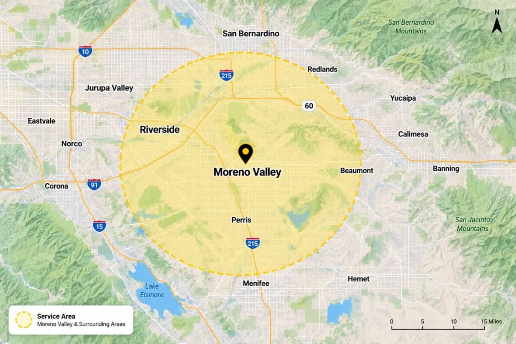 Active Towing service area map for Moreno Valley, CA and surrounding communities