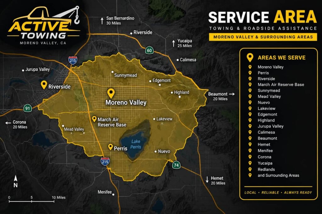 Active Towing service area map for Moreno Valley, CA and surrounding communities